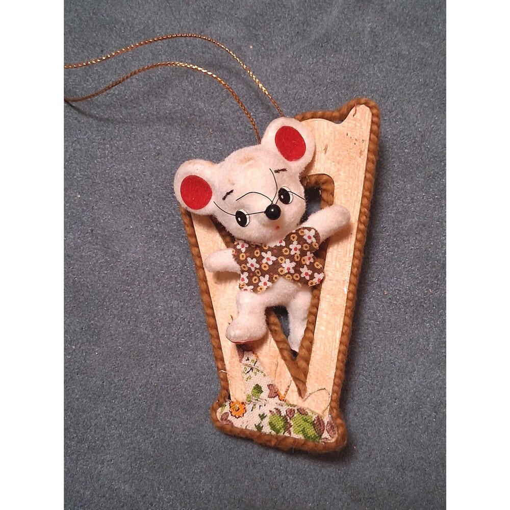Vintage Mouse in Harp Christmas Ornament Flocked Plush